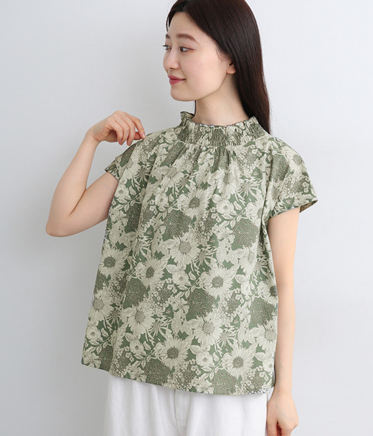 LIBERTYPRINT2wayゴムシャーリングフレンチブラウス(グリーン×SwimDunclare-ONESIZE)