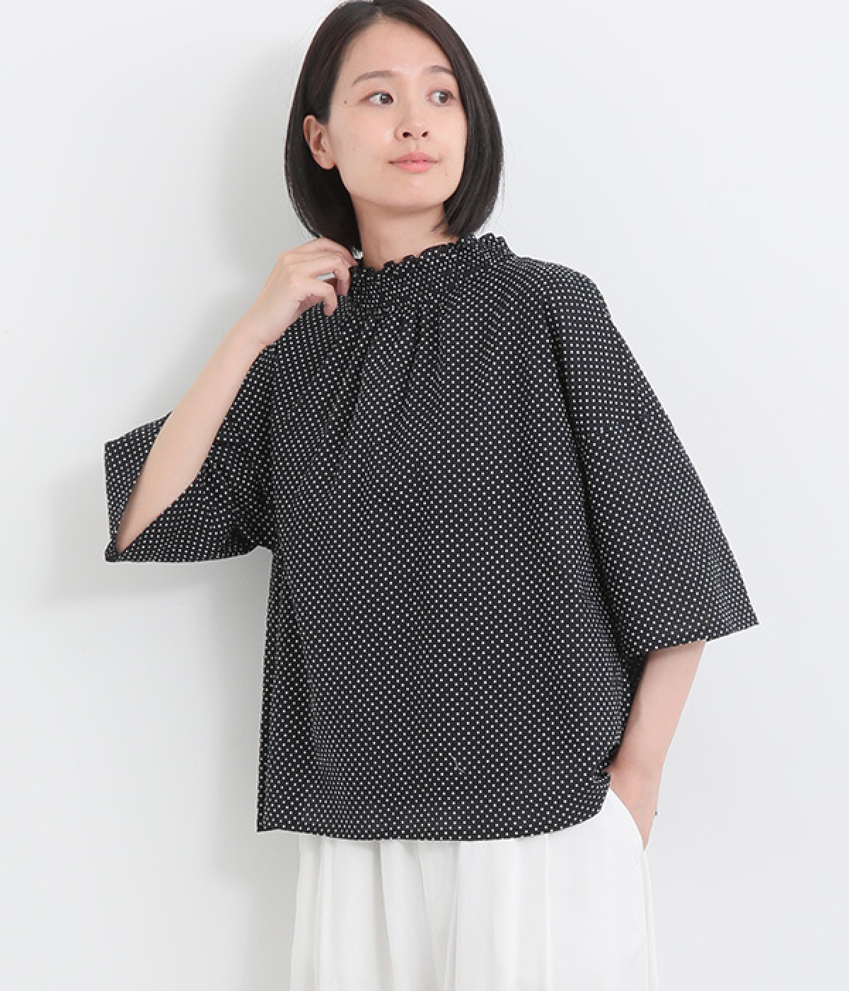 コットンミラクルウェーブゴムシャーリング2wayブラウス(ドットネイビー-ONESIZE)
