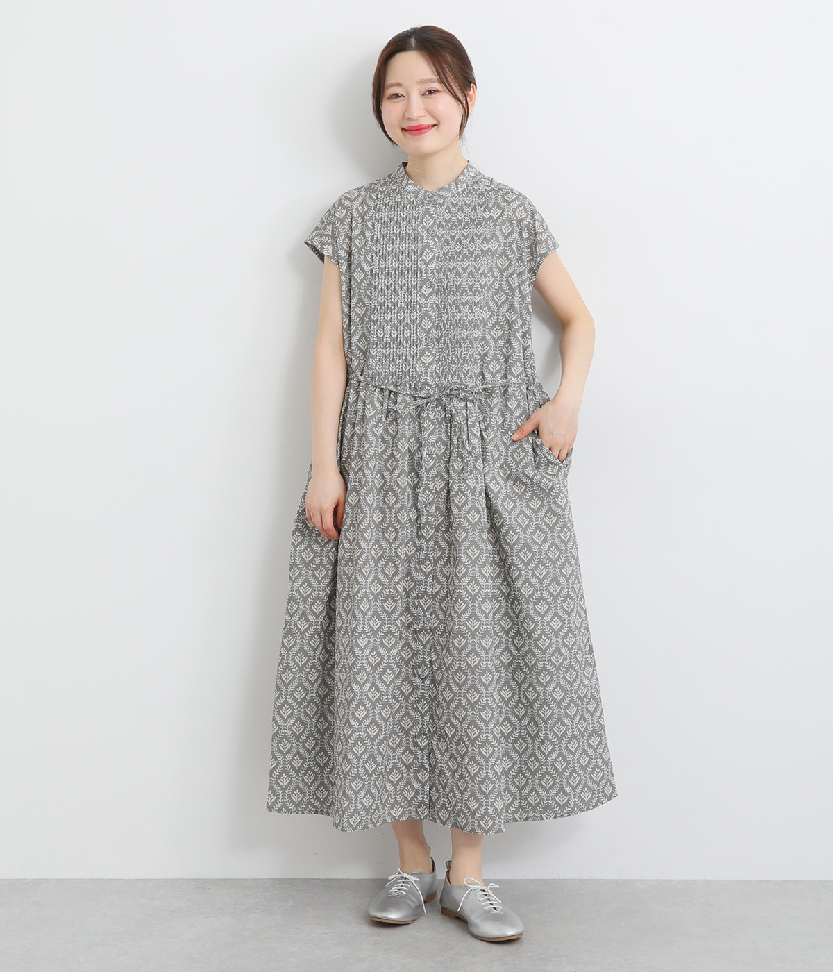 コットンツタ柄細ピンタックウエストドロストフレンチワンピース(カーキ-ONESIZE)