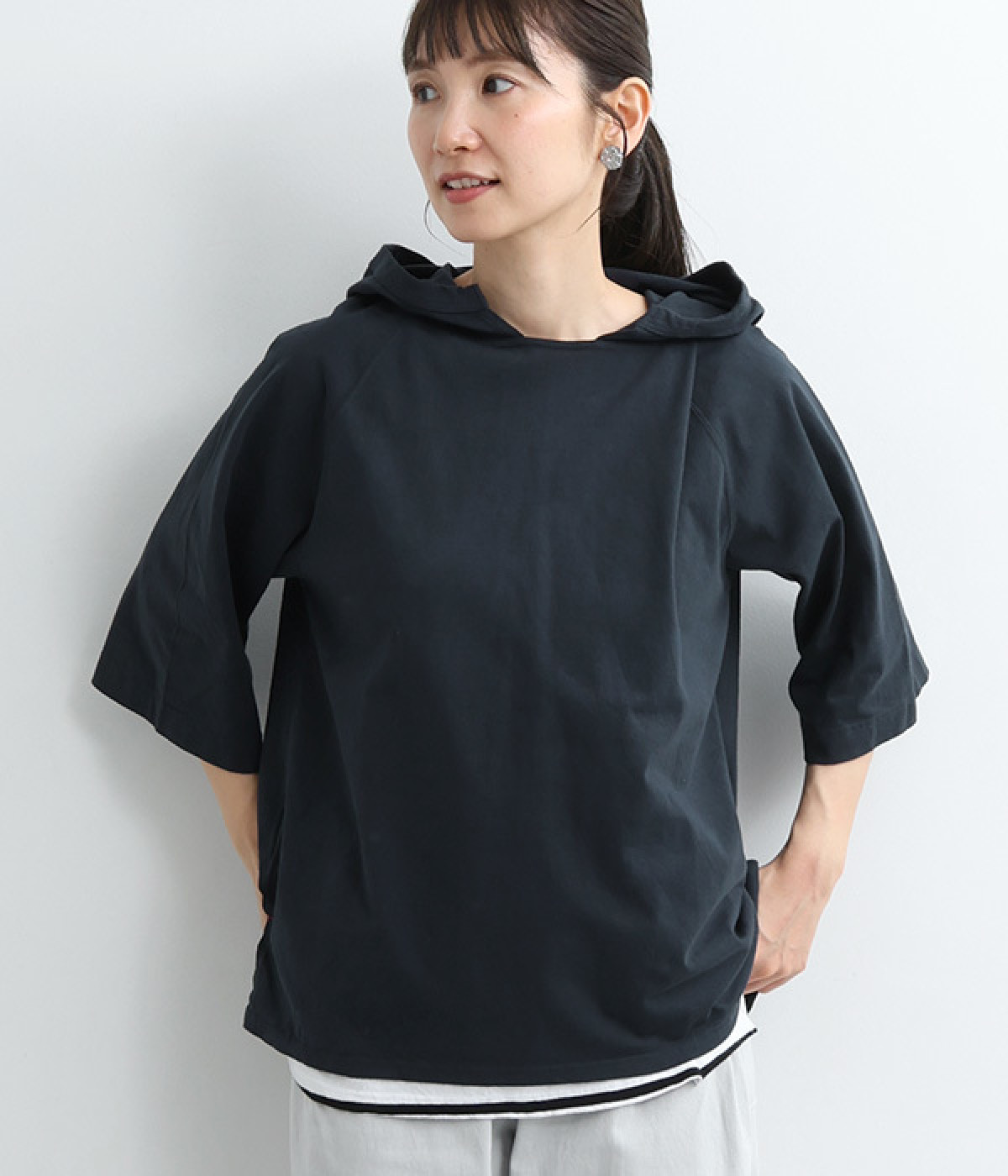 ドライコットン天竺　5分袖パーカ(ネイビー-ONESIZE)