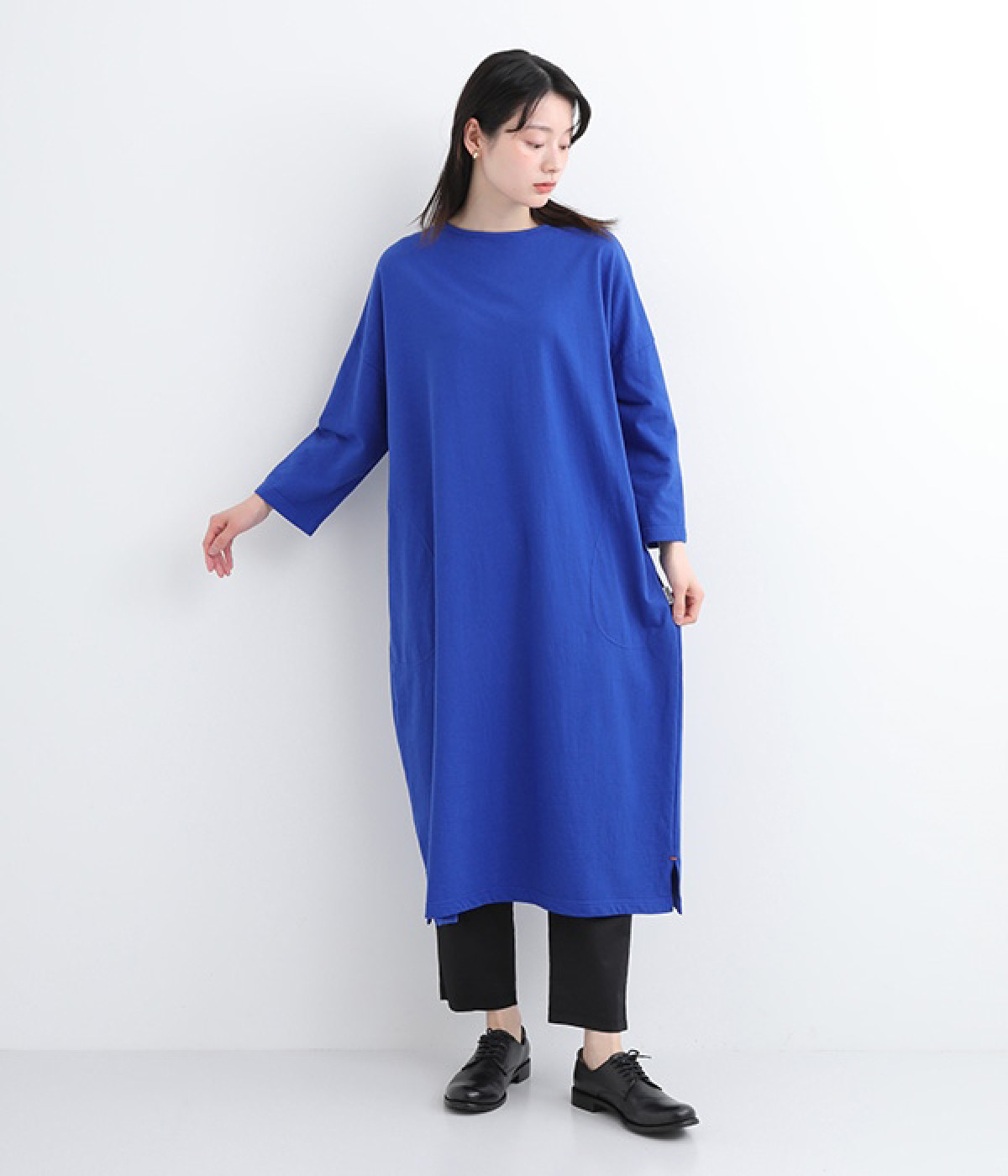 スーピマ裏毛　8分袖ワンピース(ブルー-ONESIZE)