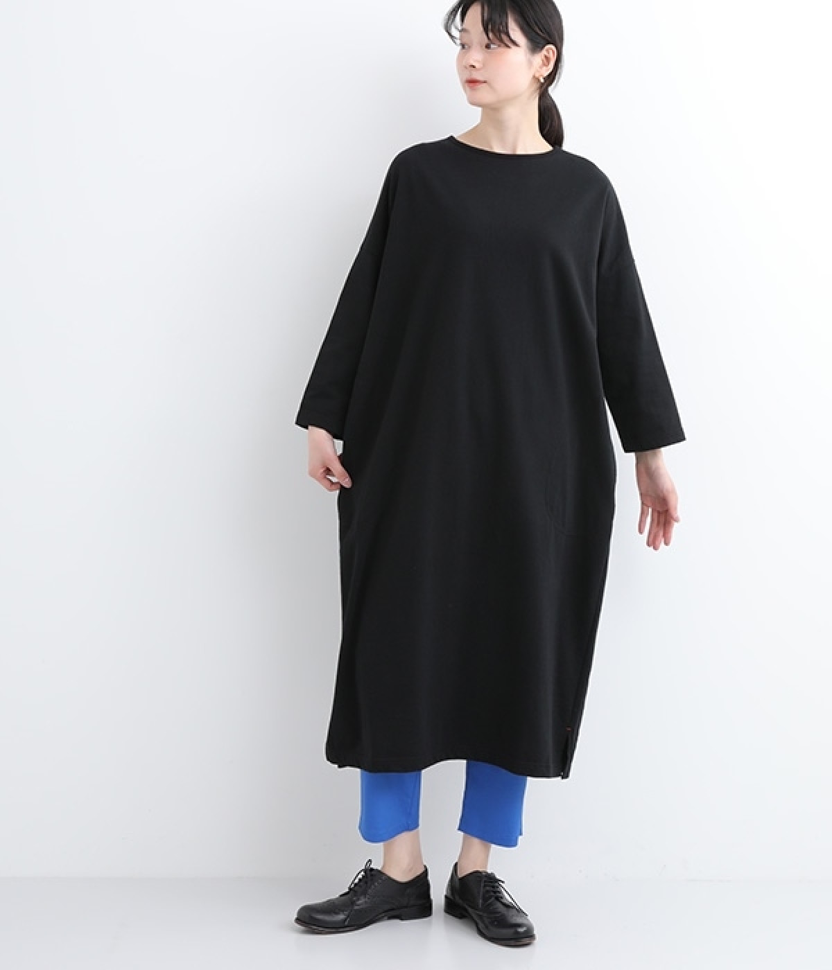 スーピマ裏毛　8分袖ワンピース(ブラック-ONESIZE)