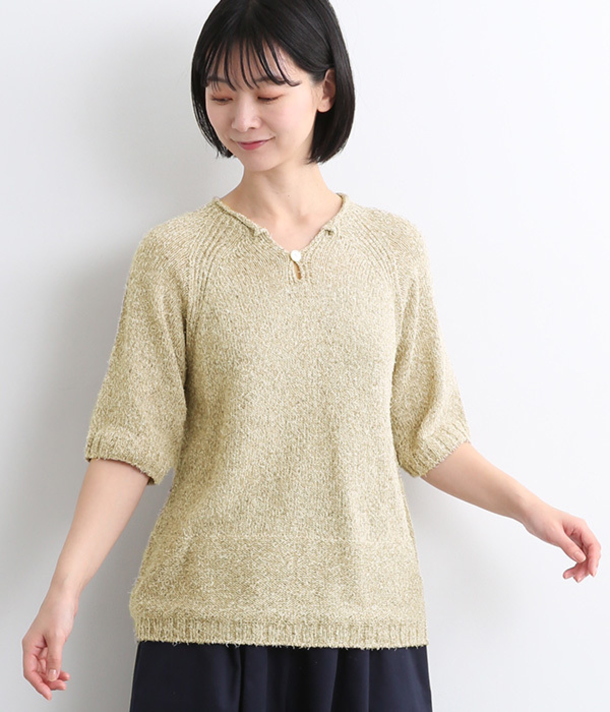 コットンリネンシルクネップ半袖ニット(サンドベージュ-ONESIZE)