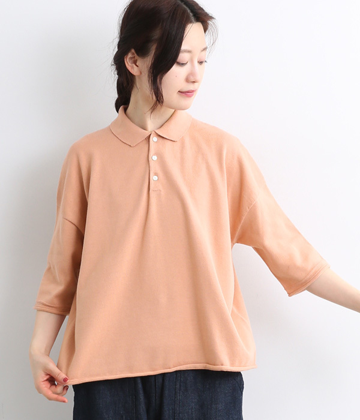 オーガニックフィールドコットン6分袖ポロニット(サーモン-ONESIZE)