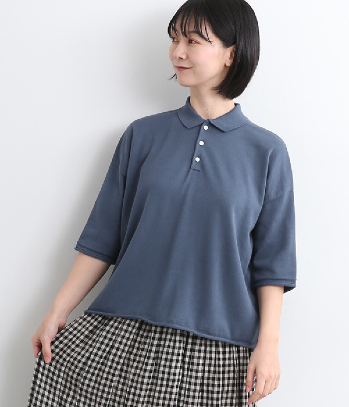 オーガニックフィールドコットン6分袖ポロニット(ナイトブルー-ONESIZE)