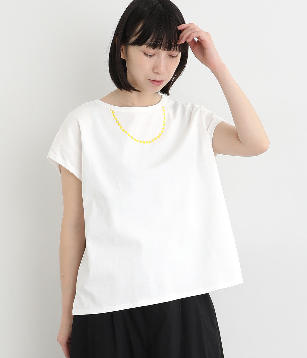 ドライコットン天竺ネックレスプリントフレンチスリーブＴシャツ(ホワイト×レモン-ONESIZE)