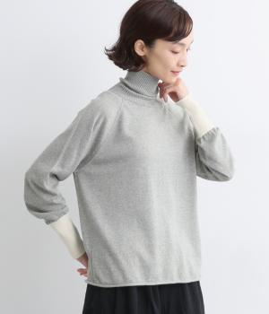 【OTA KNIT】コットンコンパクトヤーンオーガニックタートルニット(トップグレー×アイボリー-ONESIZE)