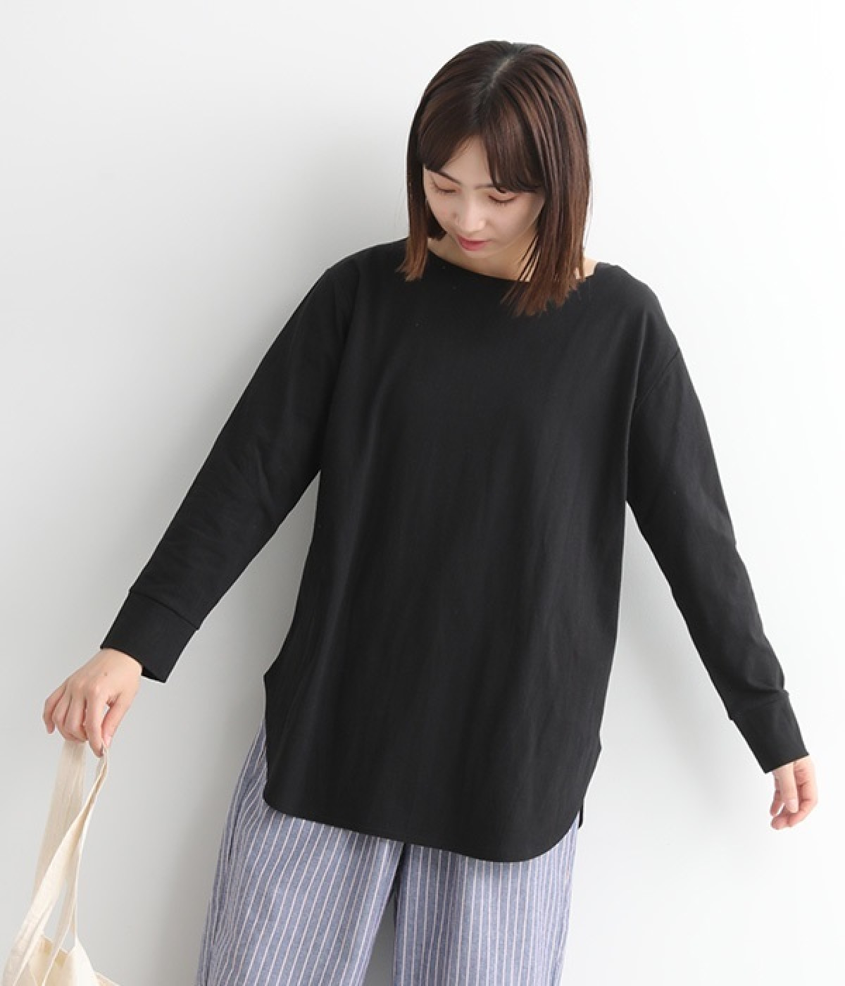 大人がえらぶラウンドヘムベーシック9分袖Tシャツ(ブラック-ONESIZE)
