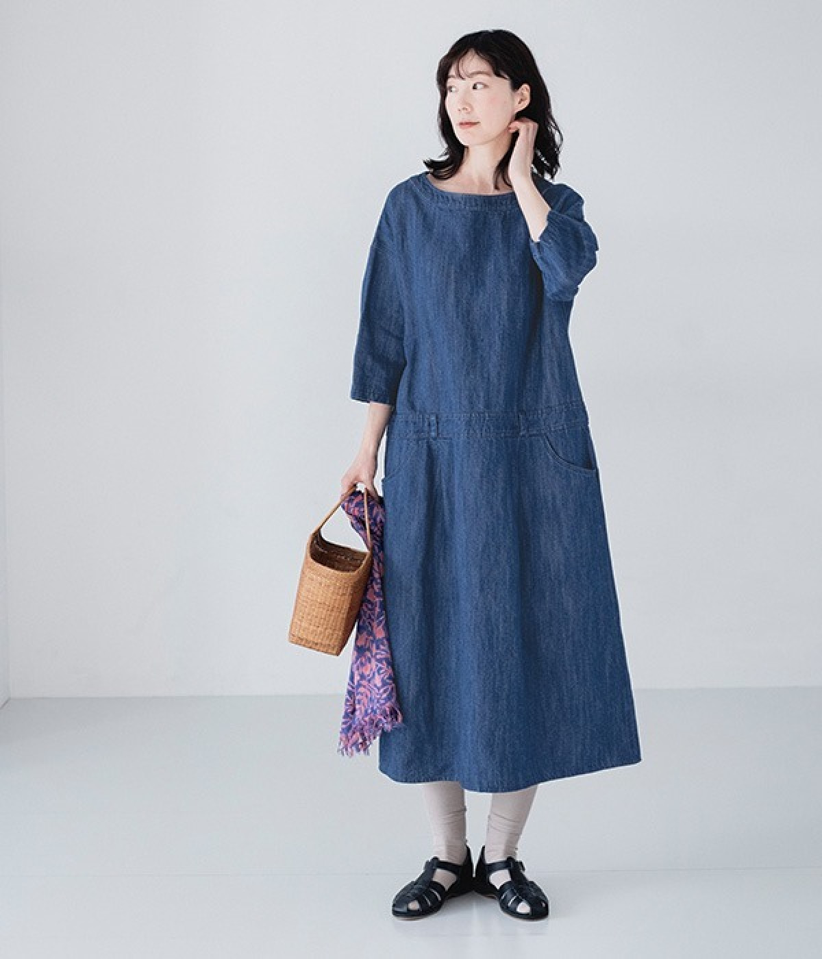 コットンリネンデニム7分袖ワイドワンピース(ブリーチ-ONESIZE)