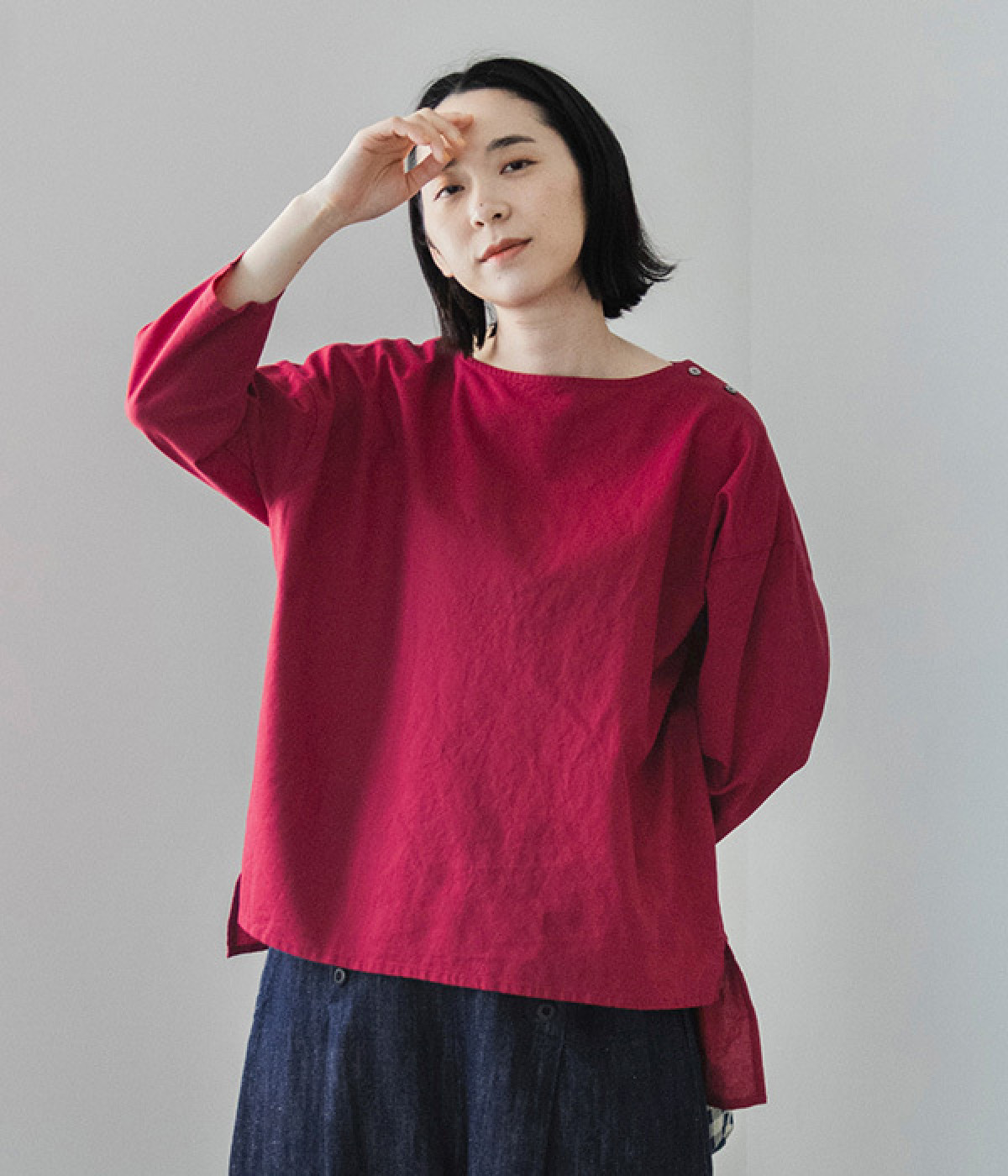 コットンリネン ボートネックプルオーバー(レッド-ONESIZE)