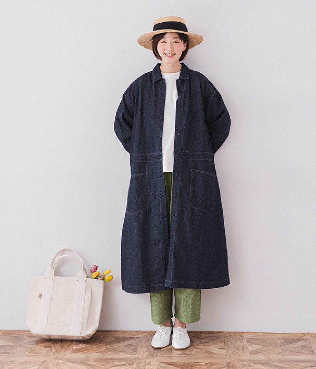 コットンリネンデニム コートワンピース(インディゴ-ONESIZE)