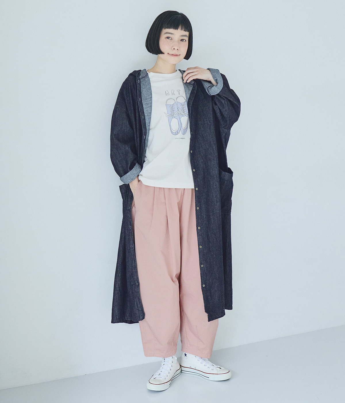 コットンリネンデニム　フード付きコートワンピース(インディゴ-ONESIZE)