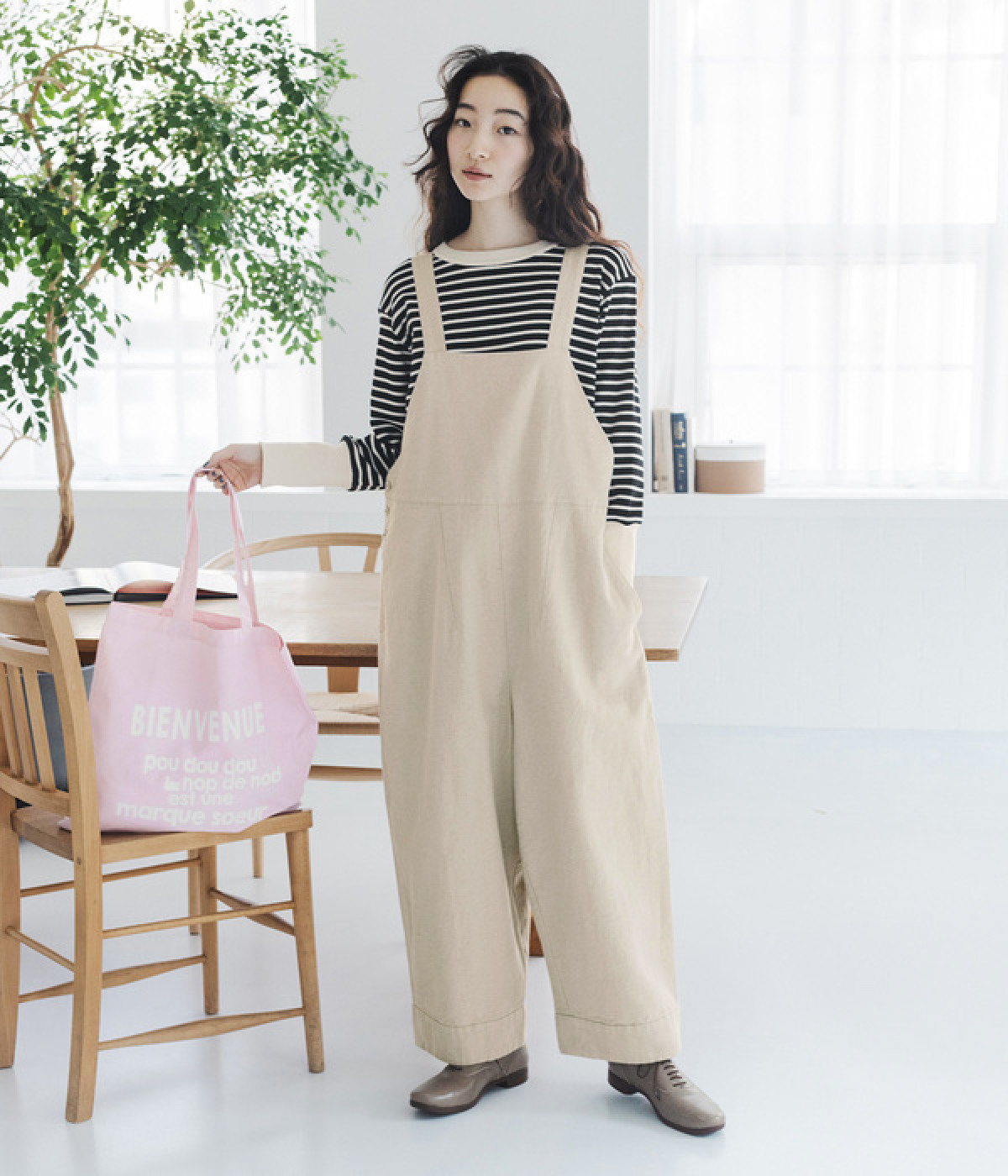 コットンリネンツイル サロペット(ベージュ-ONESIZE)
