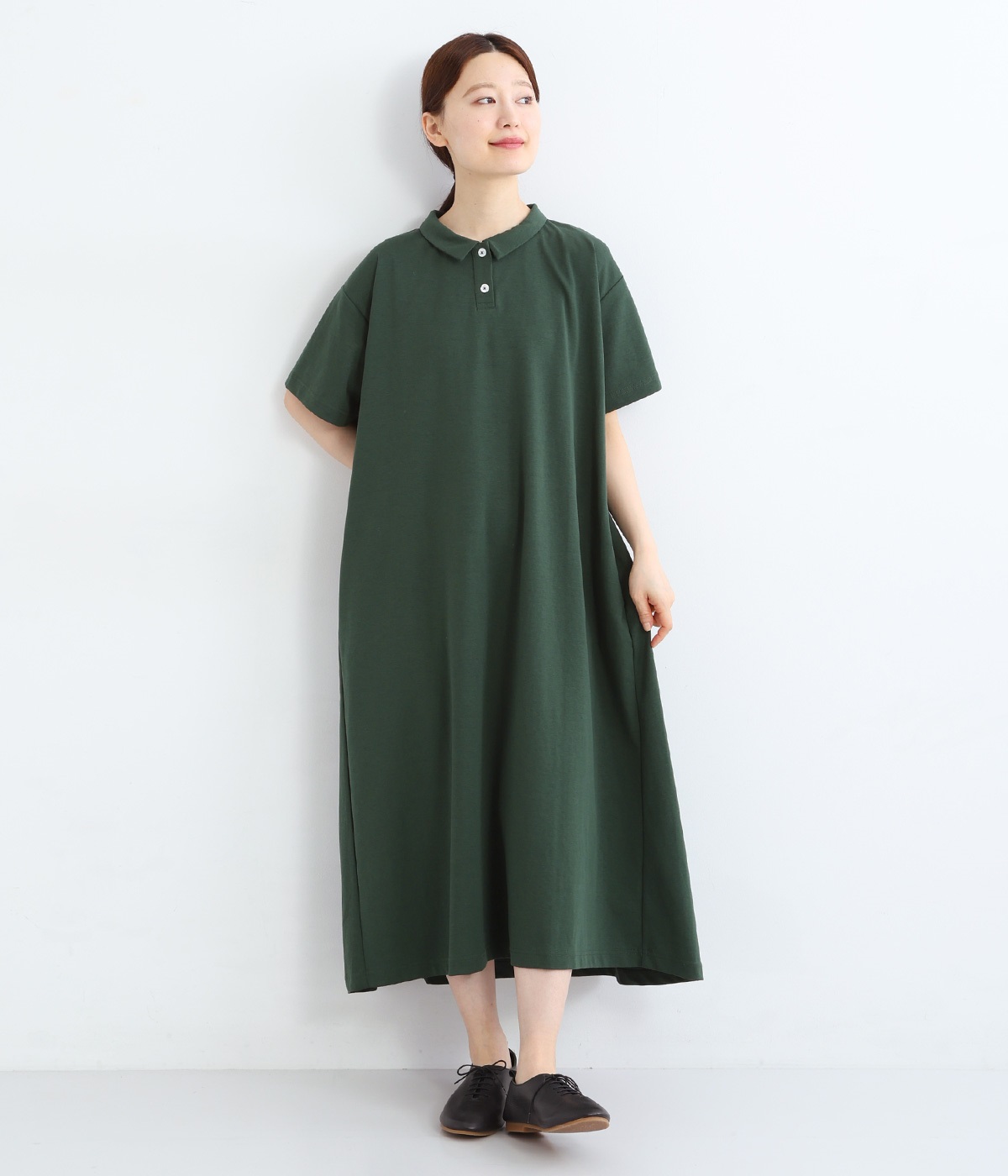 ポロ襟カットソーワンピース(グリーン-ONESIZE)
