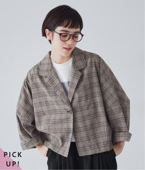 リネン混ショートテーラードジャケット(チェック-ONESIZE)