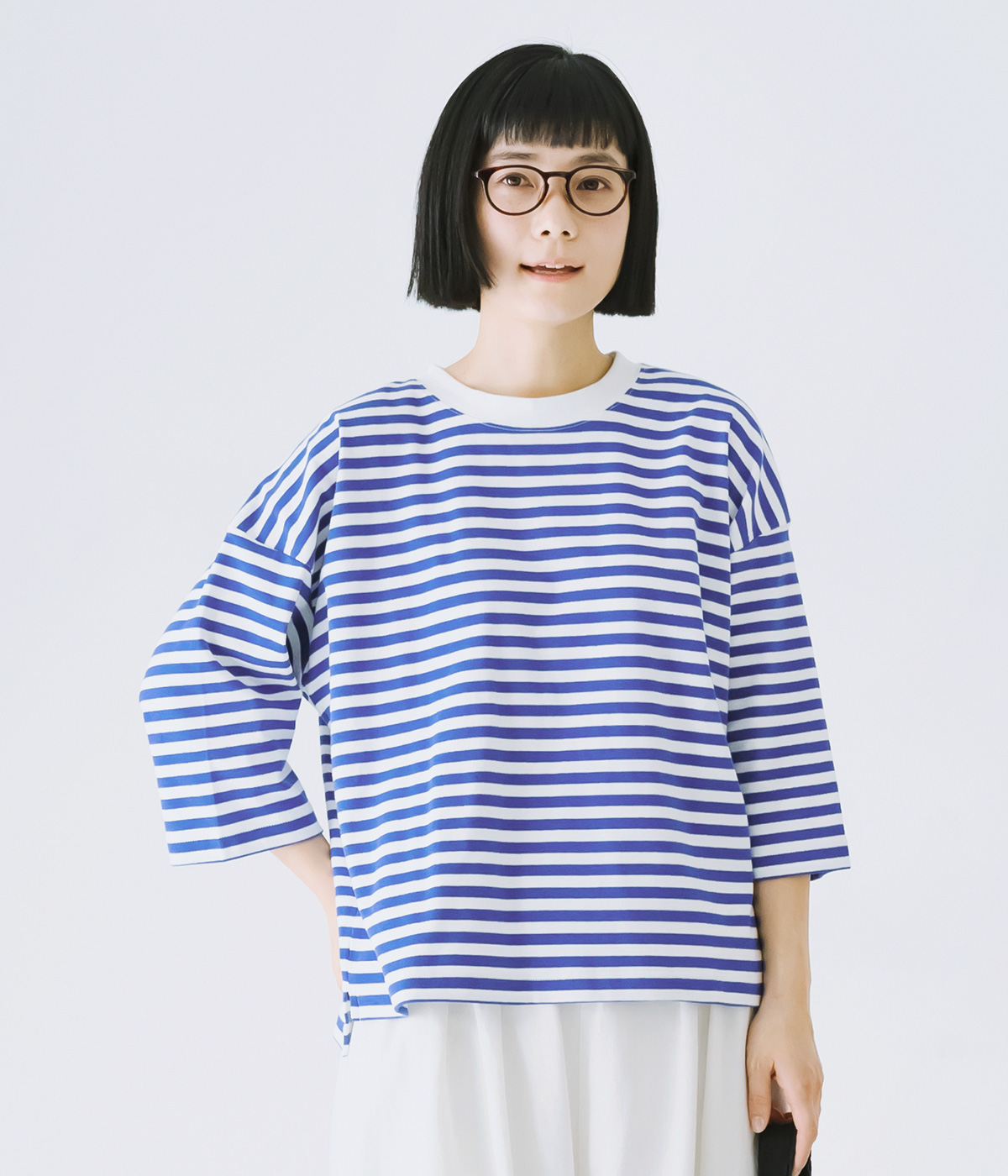 7分袖 ワイドプルオーバー(オフホワイト×ブルー-ONESIZE)