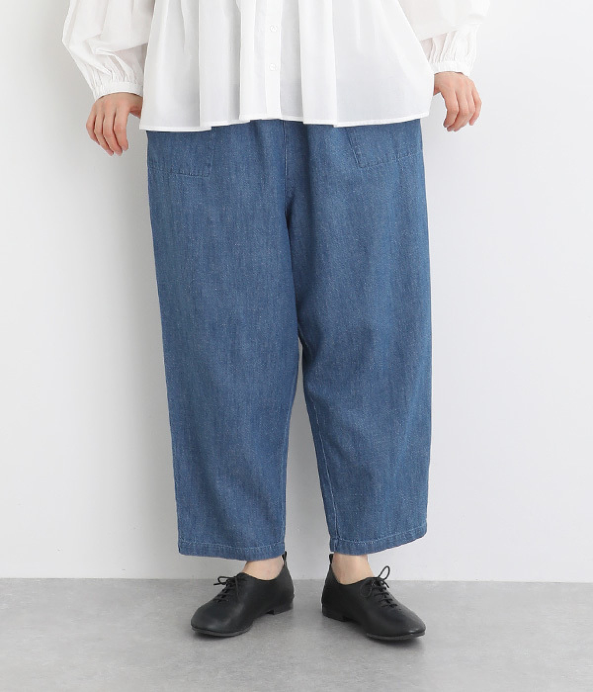 コットンリネンデニムウエストリブパンツ(ブルー-ONESIZE)