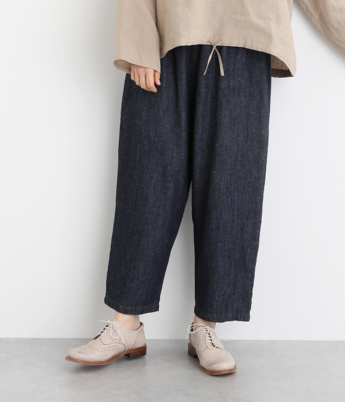 コットンリネンデニムウエストリブパンツ(ネイビー-ONESIZE)