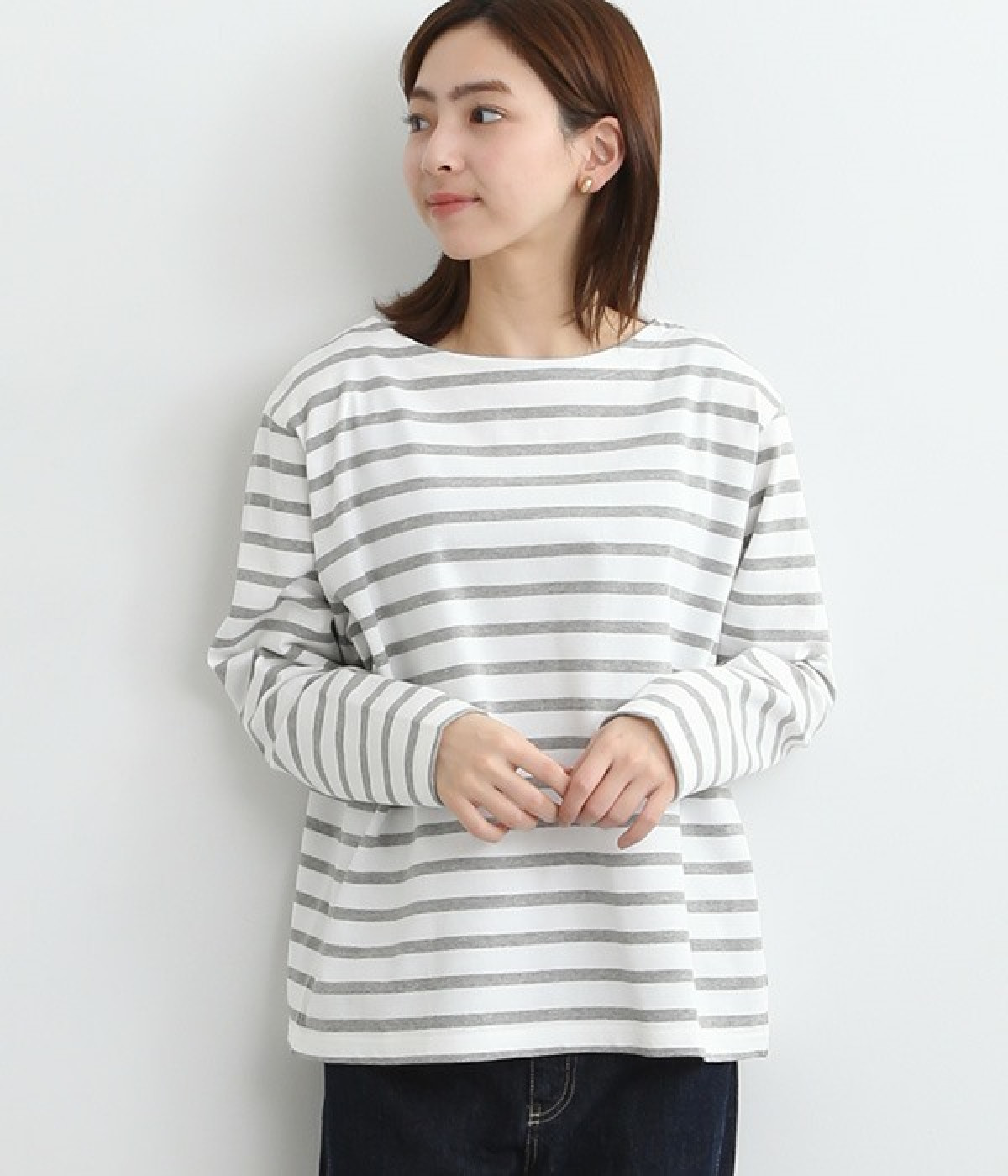 デラヴェボーダー　ボートネックTシャツ(ホワイト×グレー-ONESIZE)