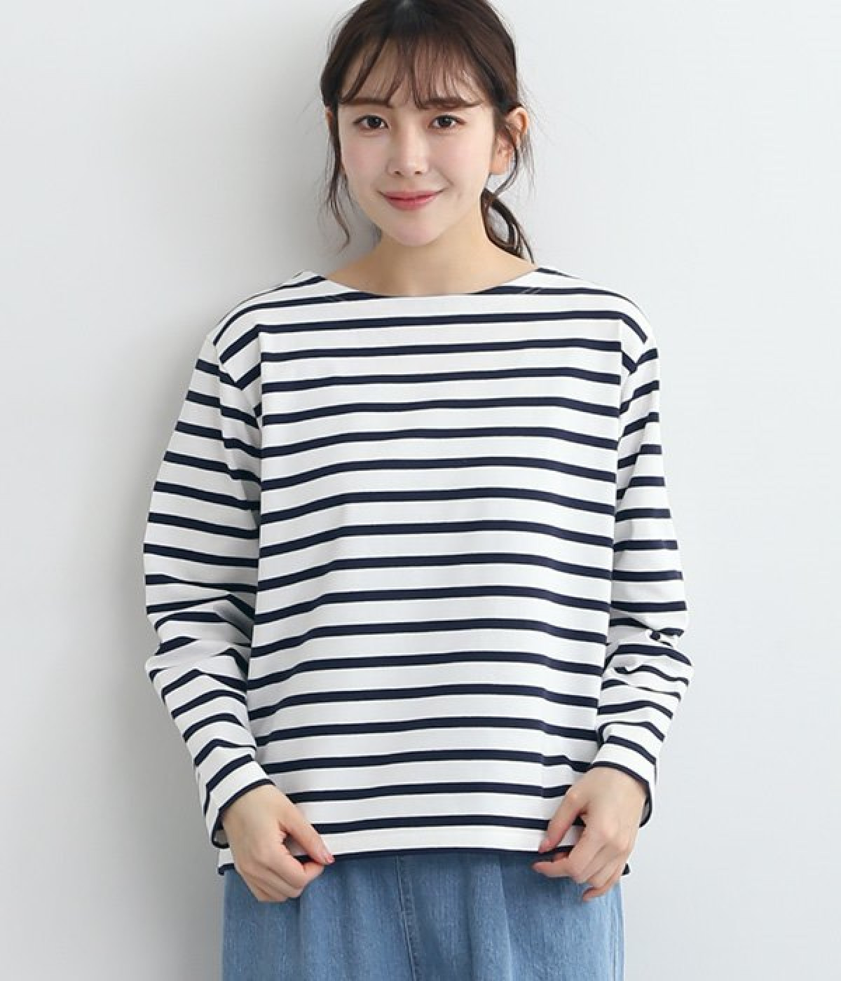 デラヴェボーダー　ボートネックTシャツ(ホワイト×ネイビー-ONESIZE)