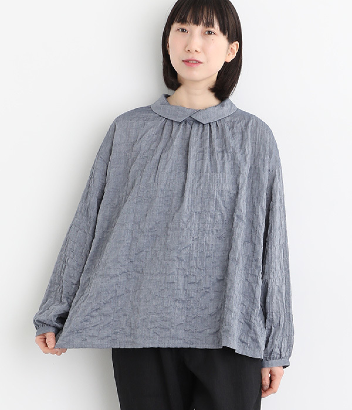 へリンボンシャーリング　重ね襟2wayブラウス(ネイビー-ONESIZE)