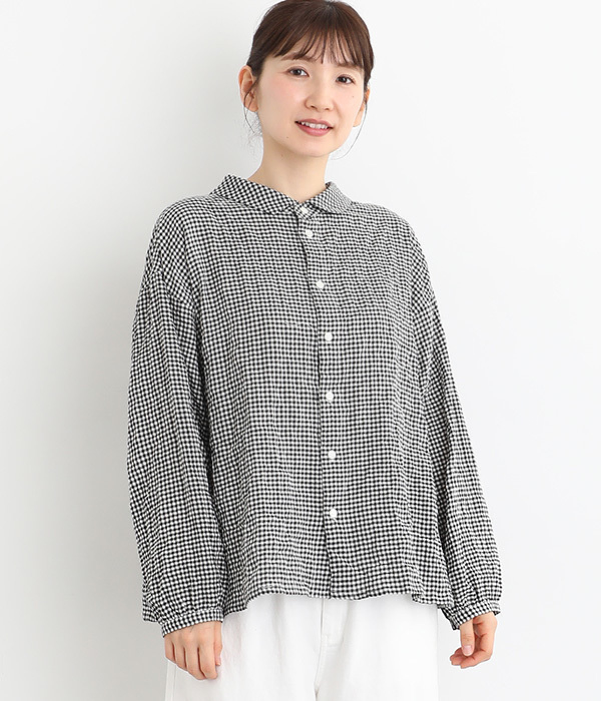 へリンボンシャーリング　重ね襟2wayブラウス(ブラックチェック-ONESIZE)