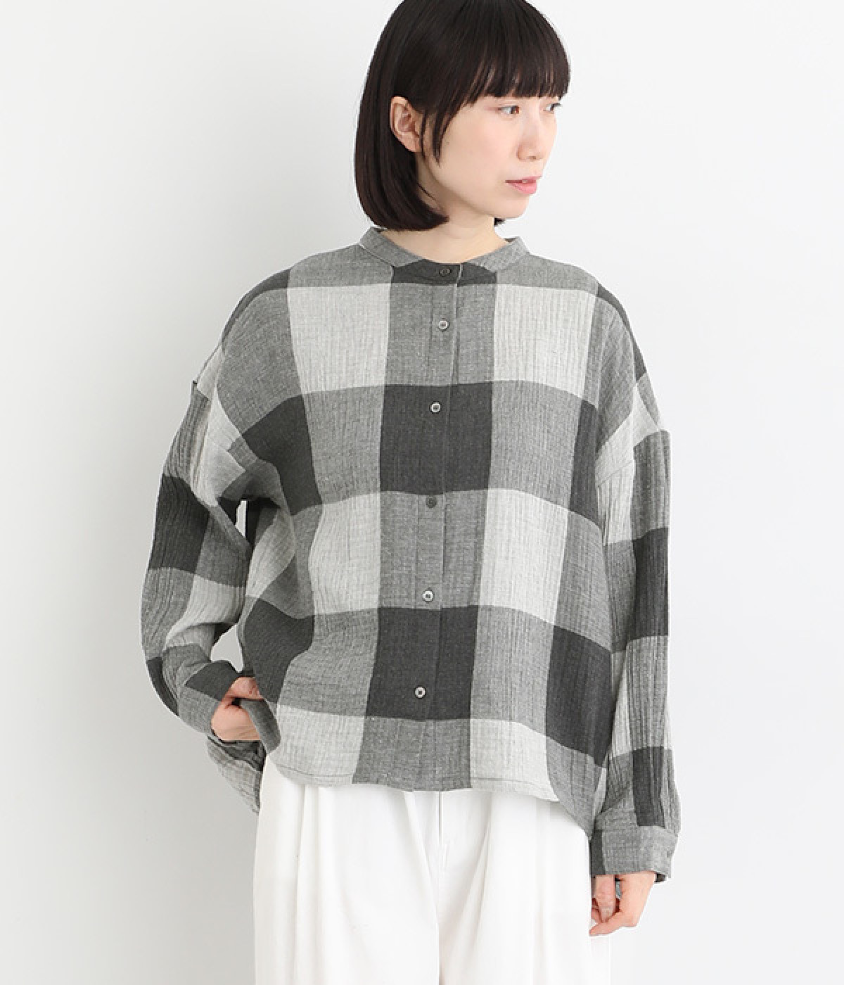 2重織ガーゼ　バックバルーンブラウス(グレーチェック-ONESIZE)
