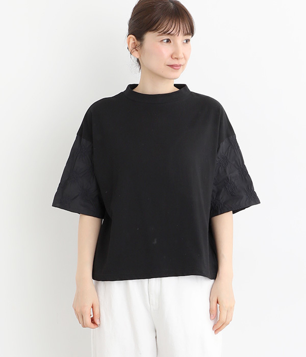 ナチュラル天竺袖コンビTシャツ(ブラック-ONESIZE)