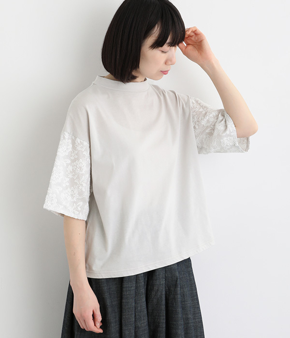 ナチュラル天竺袖コンビTシャツ(ライトグレー-ONESIZE)