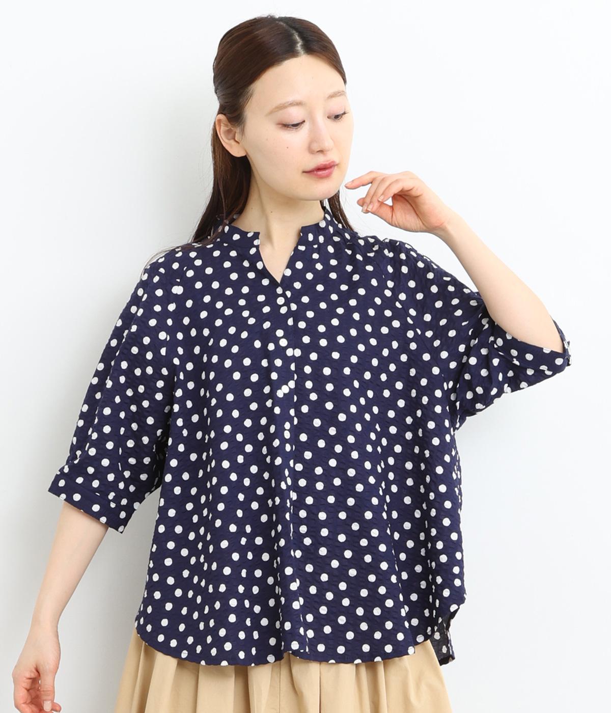 リップルドットスキッパーブラウス(ネイビー-ONESIZE)