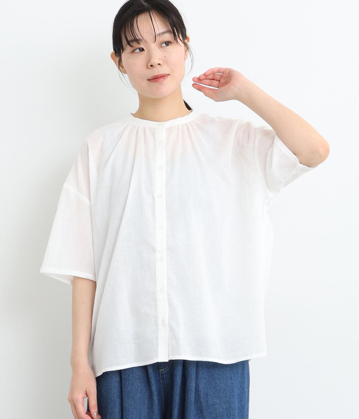 コットンリネンローン後ギャザーブラウス(ホワイト-ONESIZE)