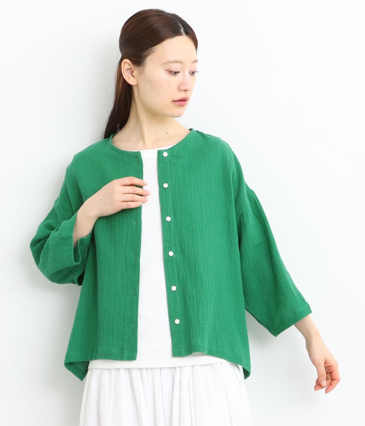 甘撚りコットンリネンクルーネックカーディガン(グリーン-ONESIZE)