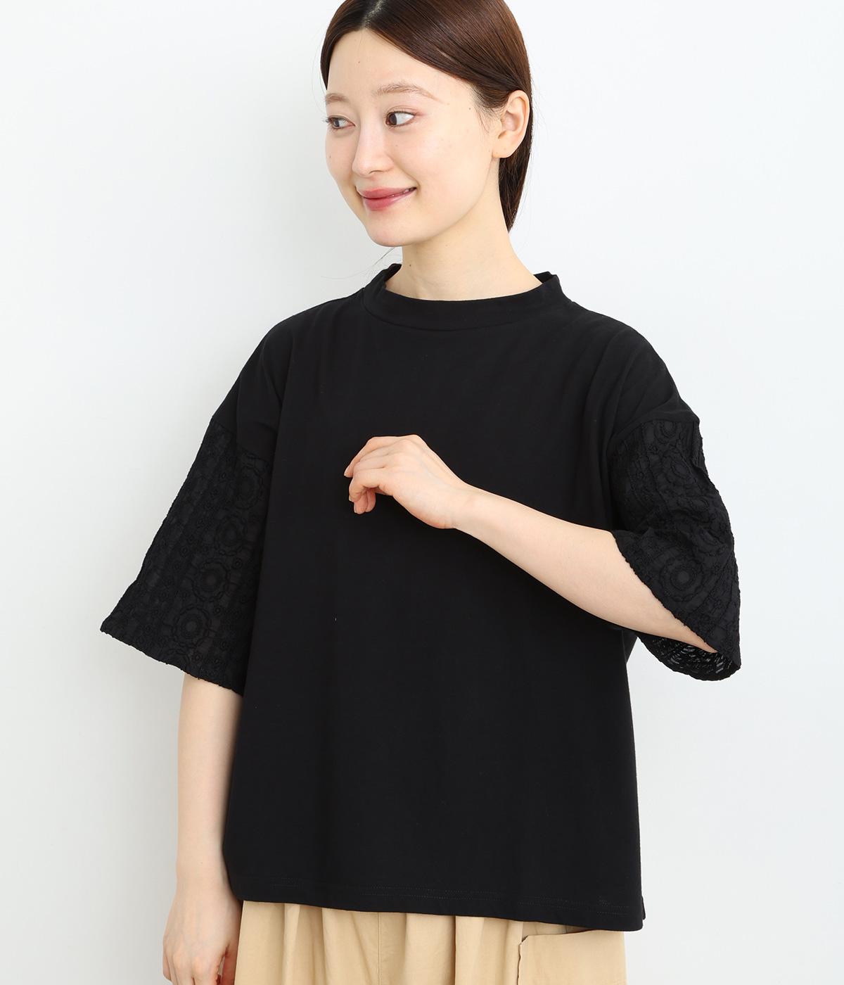 コットンナチュラル天竺袖コンビTシャツ(ブラックエンブロイダリー-ONESIZE)