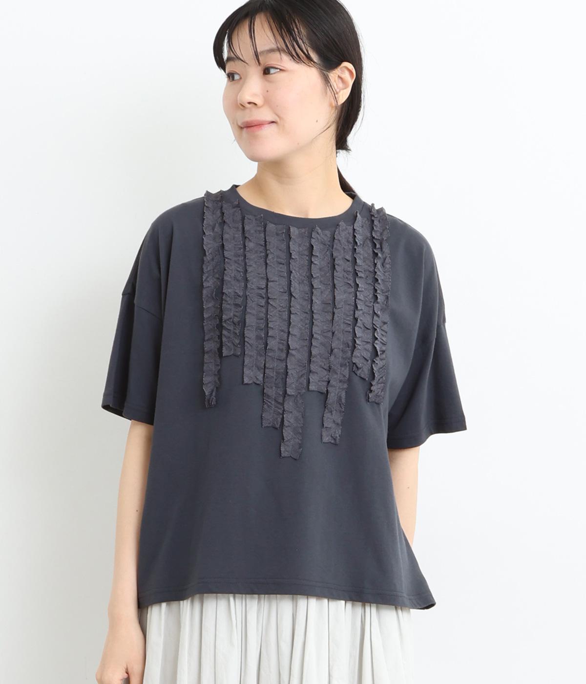 コットンナチュラル天竺フリルTシャツ(ネイビーグレー-ONESIZE)