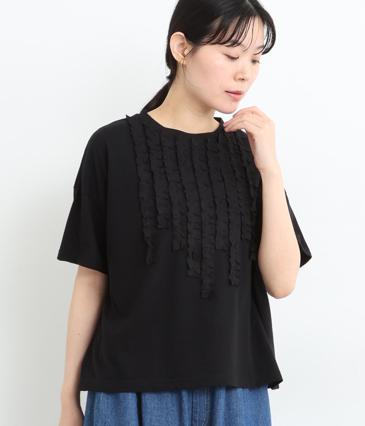 コットンナチュラル天竺フリルTシャツ(ブラック-ONESIZE)