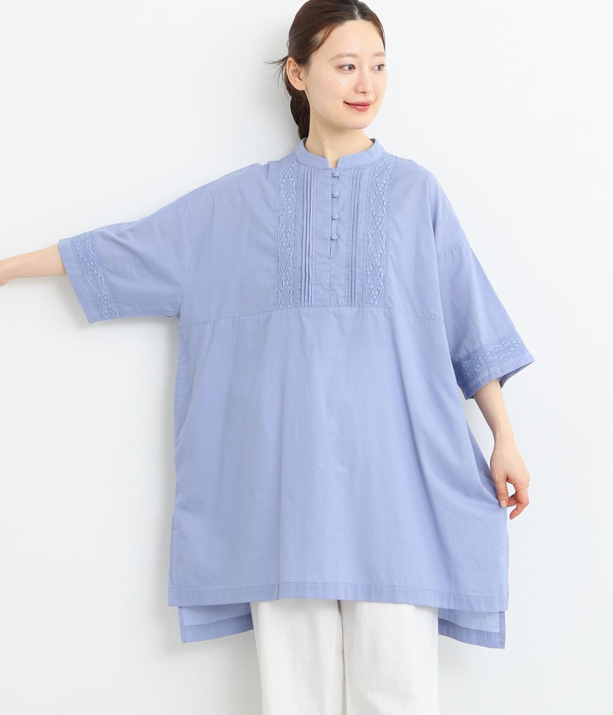 コットンソフトローン×レースサイドスリットチュニック(ブルー-ONESIZE)