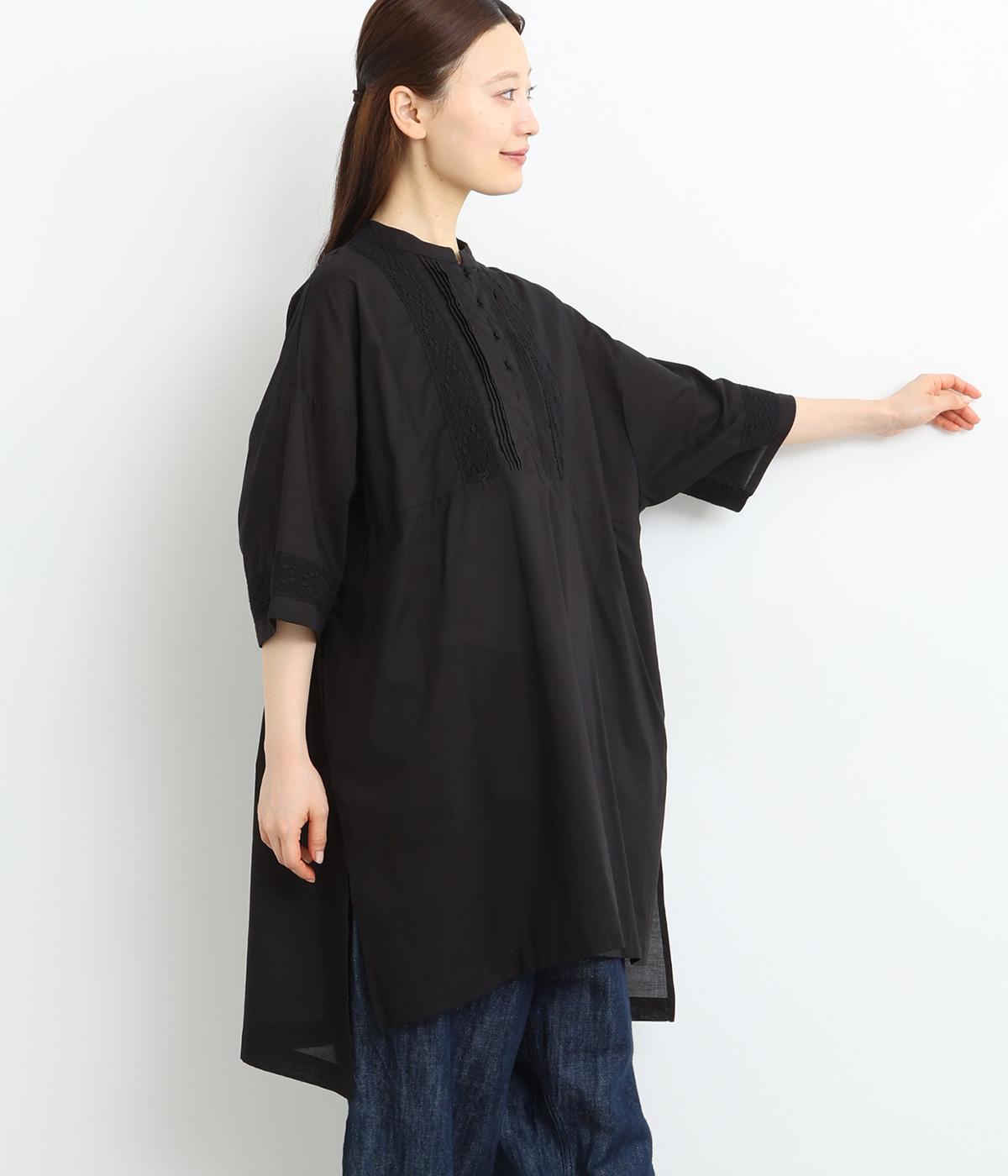 コットンソフトローン×レースサイドスリットチュニック(ブラック-ONESIZE)