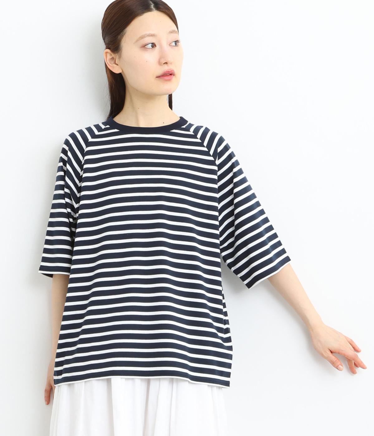 コットン天竺ボーダーラグランTシャツ(ネイビー×ホワイト-ONESIZE)