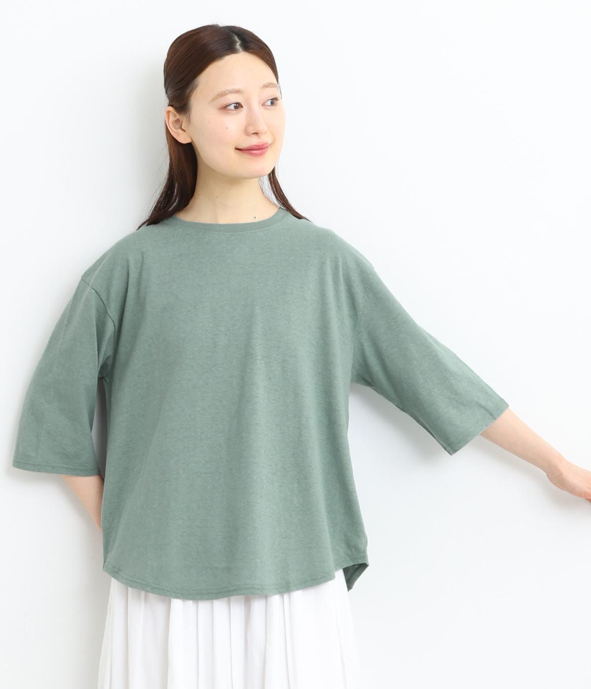 コットンベルギーリネン天竺クルーネックTシャツ(セージグリーン-ONESIZE)