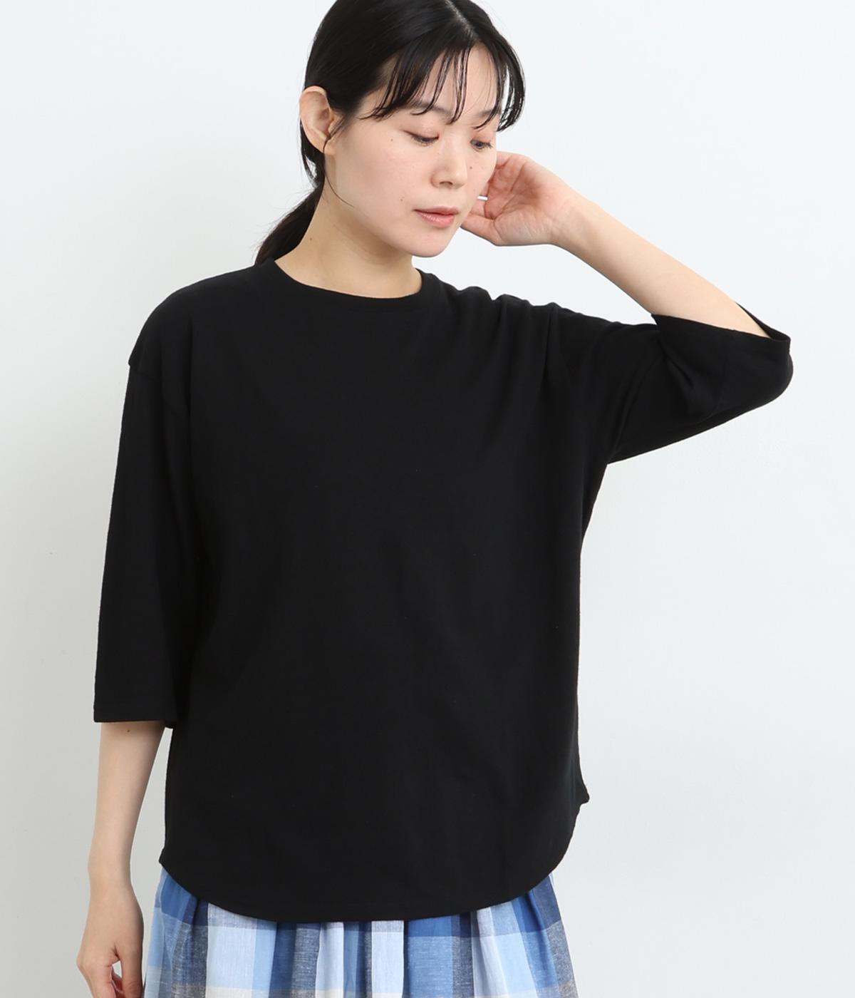 コットンベルギーリネン天竺クルーネックTシャツ(ブラック-ONESIZE)