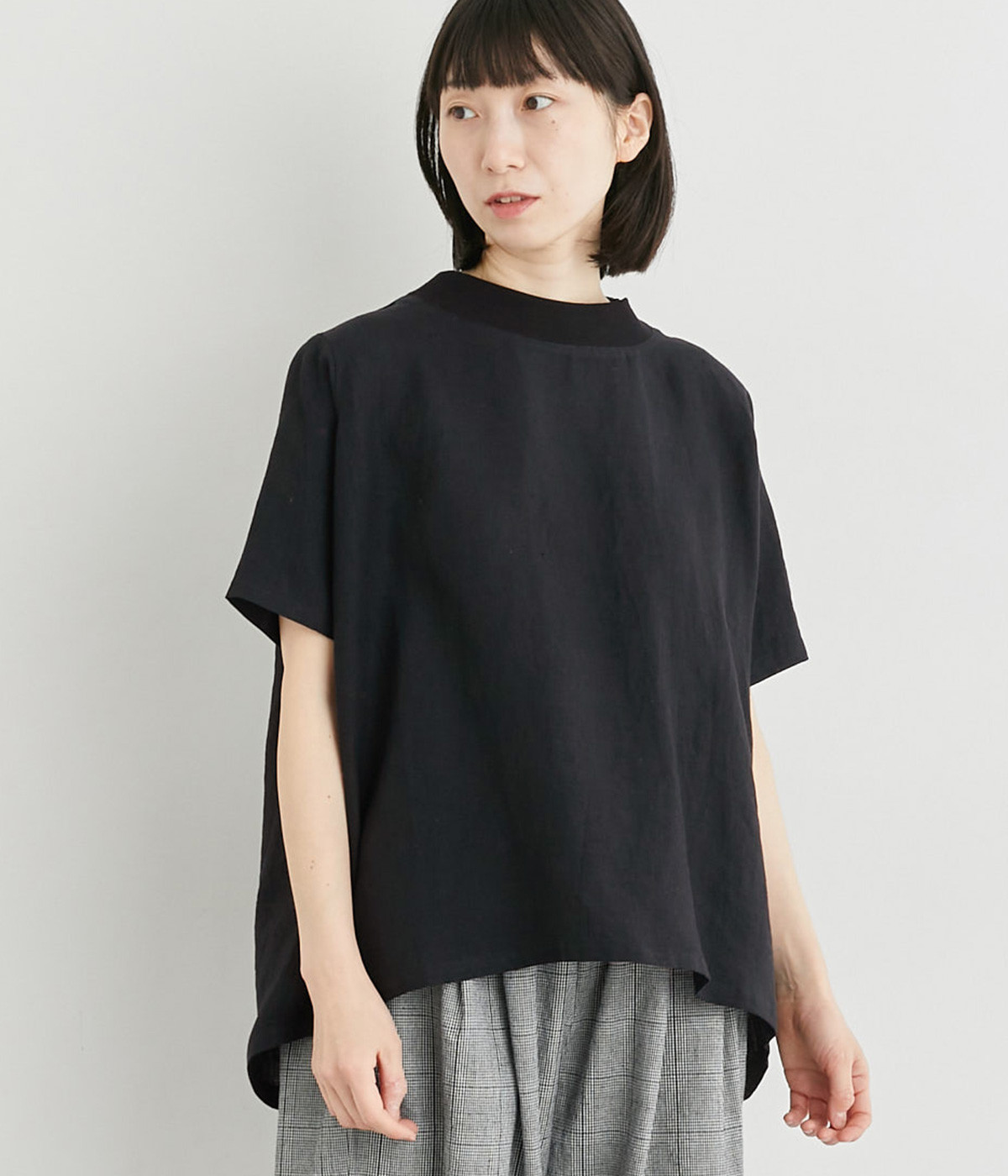 リネンヘンプワッシャーリブドッキングプルオーバー(ブラック-ONESIZE)