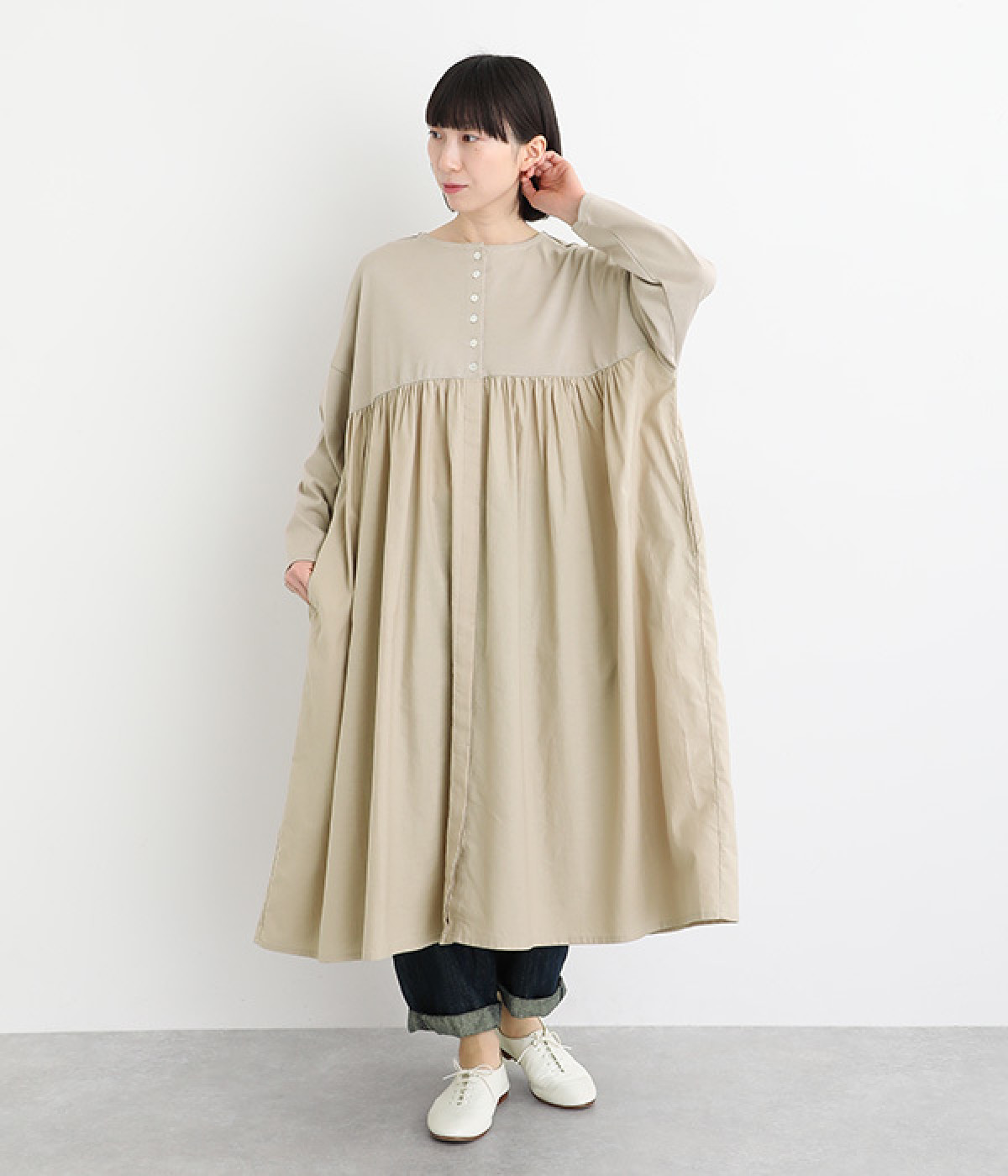 天竺×ビエラ　ドッキングワンピース(グレージュ-ONESIZE)