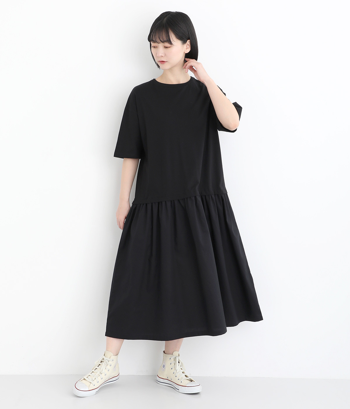 ナチュラル天竺×ブロードウエスト切替ワンピース(ブラック-ONESIZE)