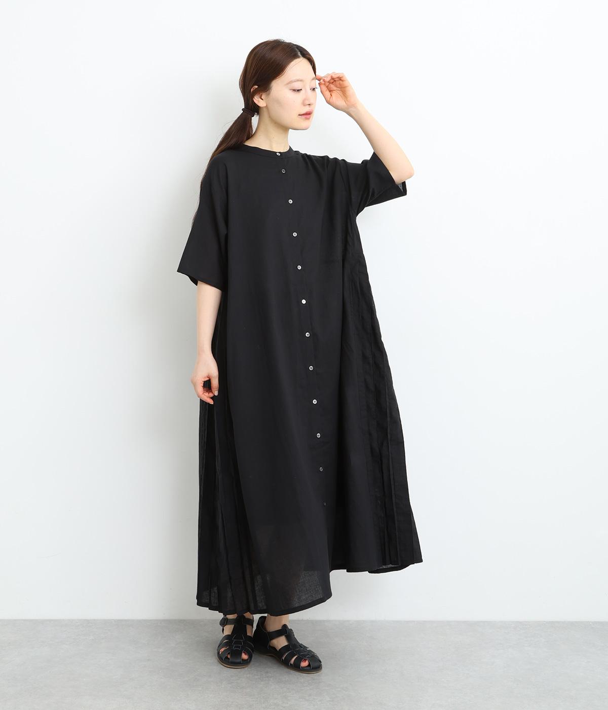 コットンリネンローンサイドプリーツワンピース(ブラック-ONESIZE)