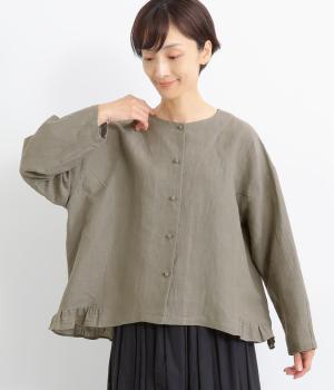コットンリネンワッシャー天日干しフリルシャツジャケット(グレージュ-F)