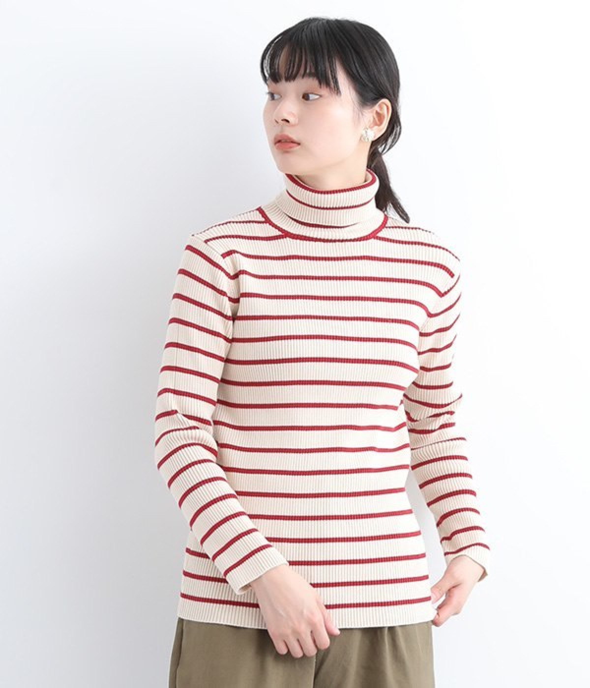 オーガニックコットンリブボーダータートル(アイボリー×レッド-ONESIZE)