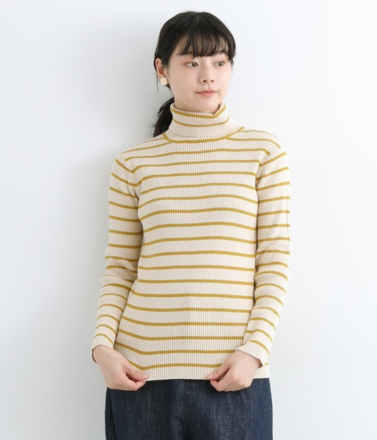 オーガニックコットンリブボーダータートル(アイボリー×イエロー-ONESIZE)