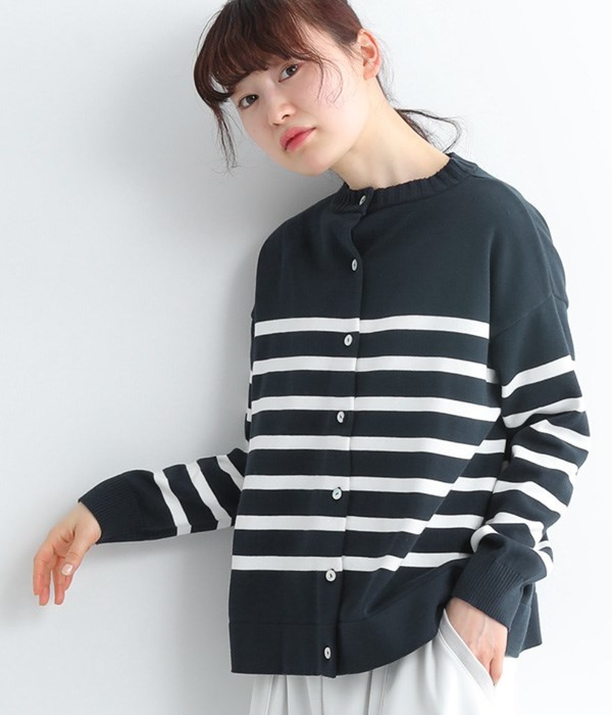 オーガニックコットン ボーダーカーディガン(ネイビー-ONESIZE)