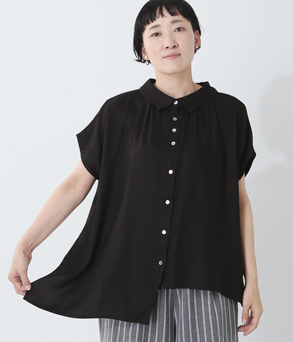 リネンレーヨンビエラアシンメトリー2WAYフレンチスリーブブラウス(ブラック-ONESIZE)