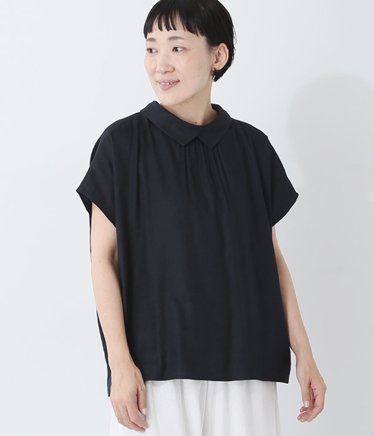 リネンレーヨンビエラアシンメトリー2WAYフレンチスリーブブラウス(ネイビー-ONESIZE)